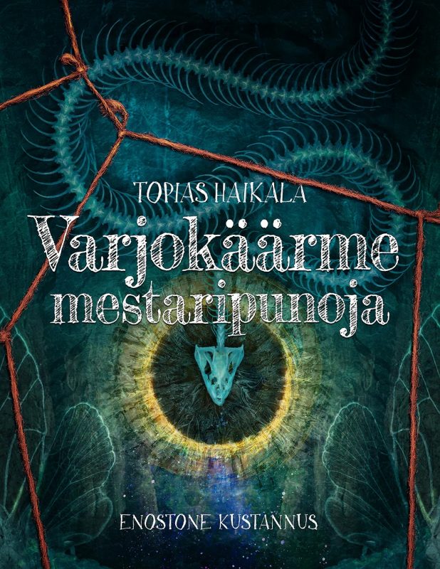 vihertävällä pohjalla punaista narua, käärmeen luuranko ja silmän iiris