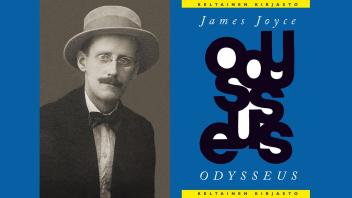 Kuva James Joycesta vasemmalla, oikealla Odysseus-teos.